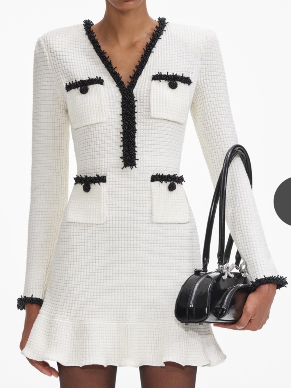Self-Portrait White pearl trim Long-Sleeve Mini Dress